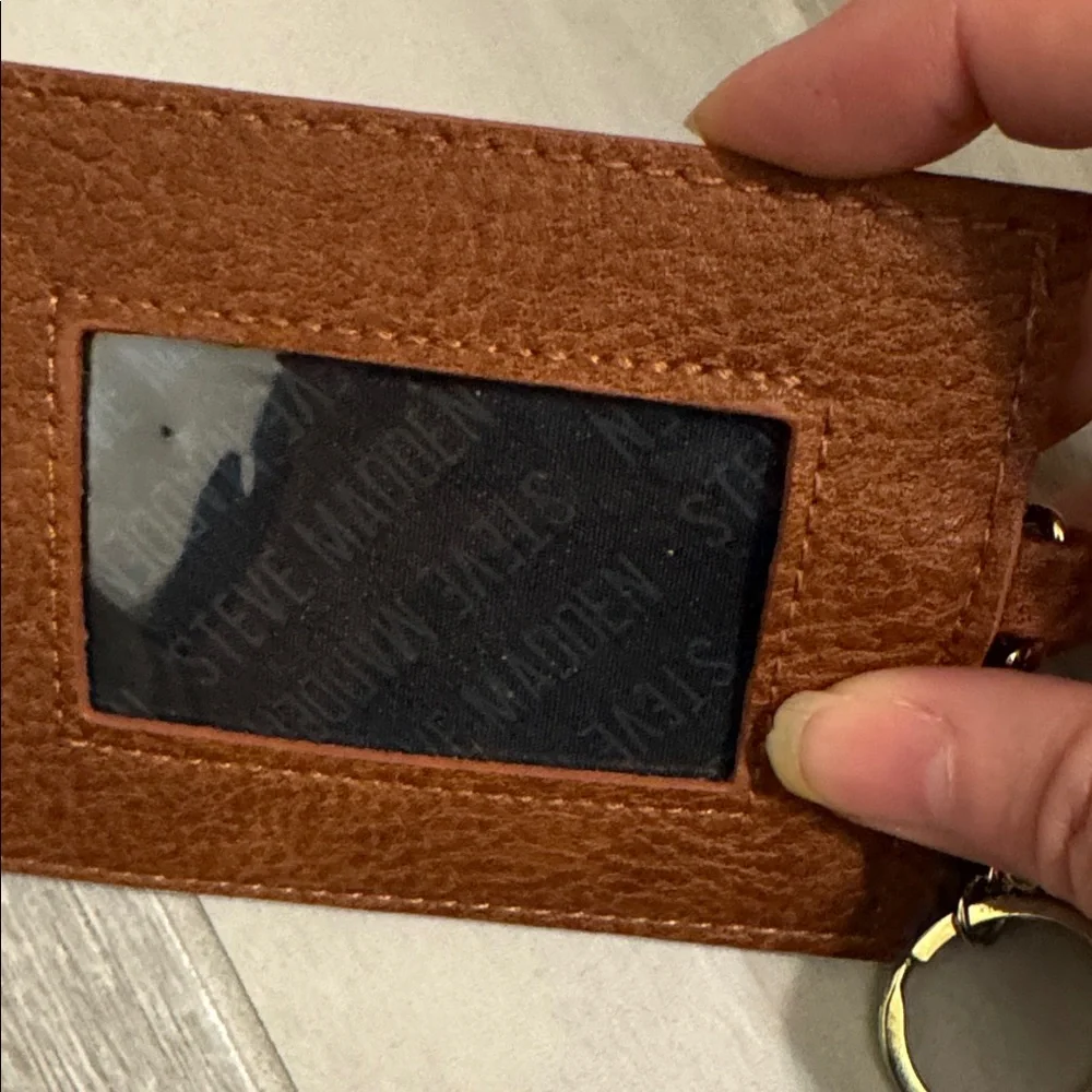 Steve Madden Brown Leather Card Holder Keychain with Gold Ring
